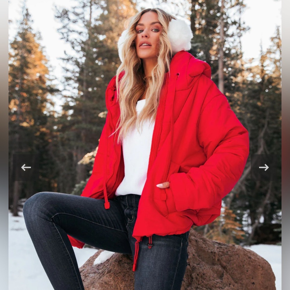 Vici Stay Awhile Pocketed Hooded Puffer Jacket - Red